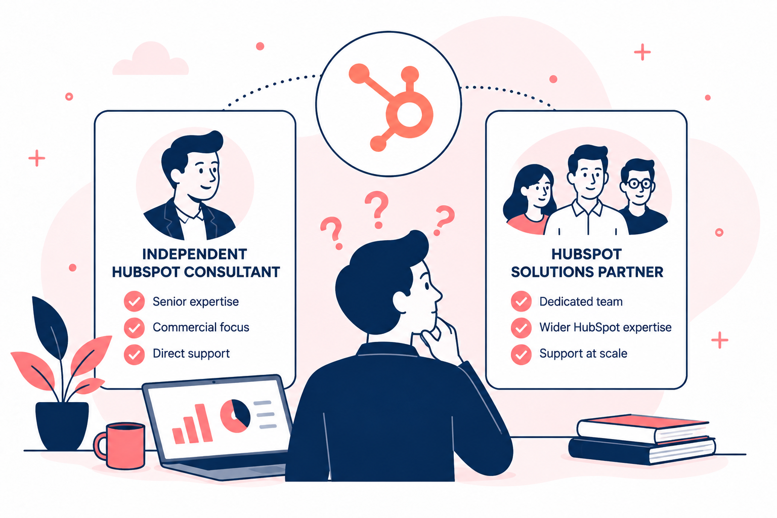 Illustration comparing an independent HubSpot consultant with a HubSpot Solutions Partner to help businesses choose the right HubSpot expert.