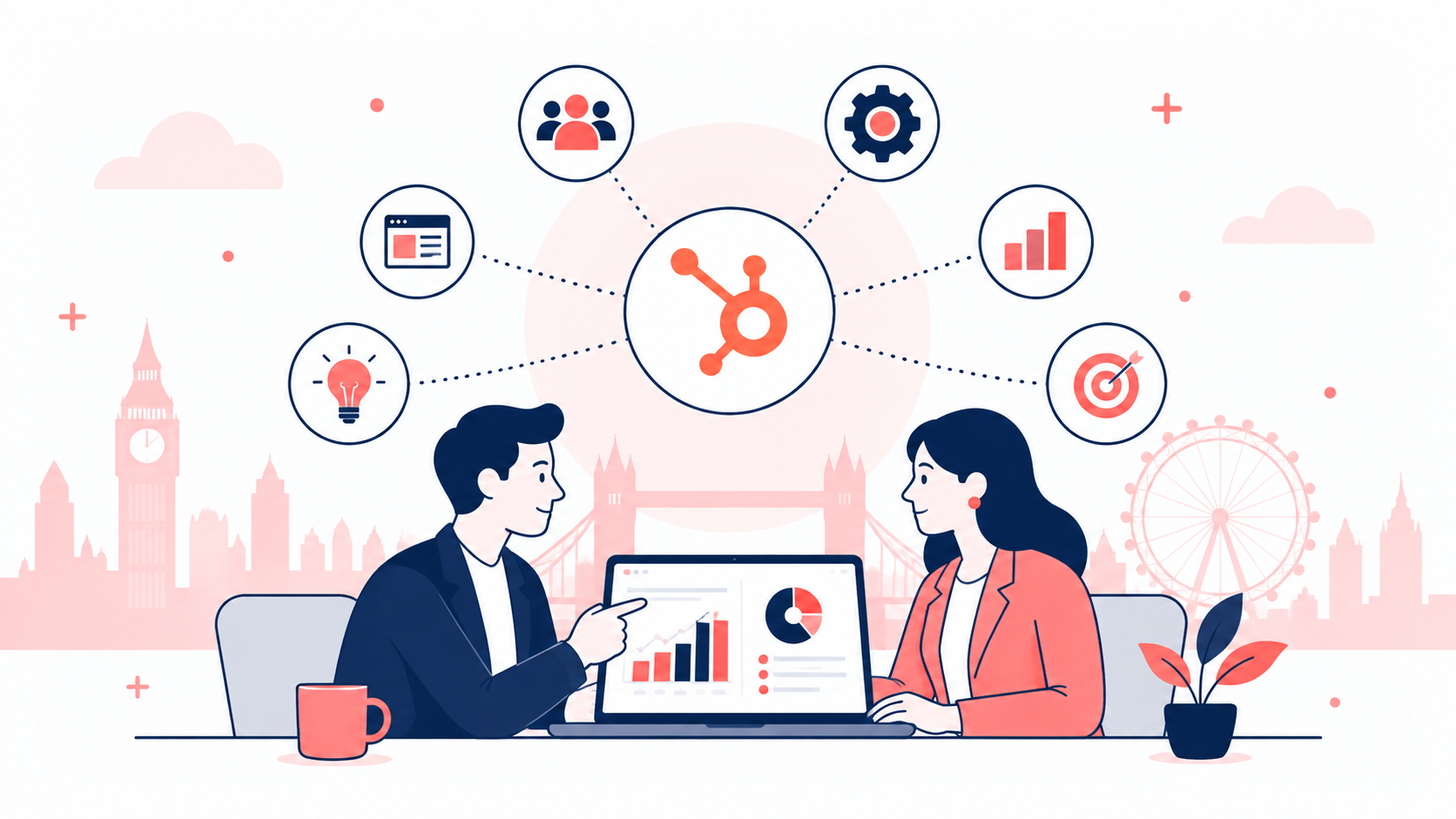 Illustration of HubSpot consulting for UK SMEs, showing two consultants reviewing CRM data with icons for automation, analytics, strategy and sales.